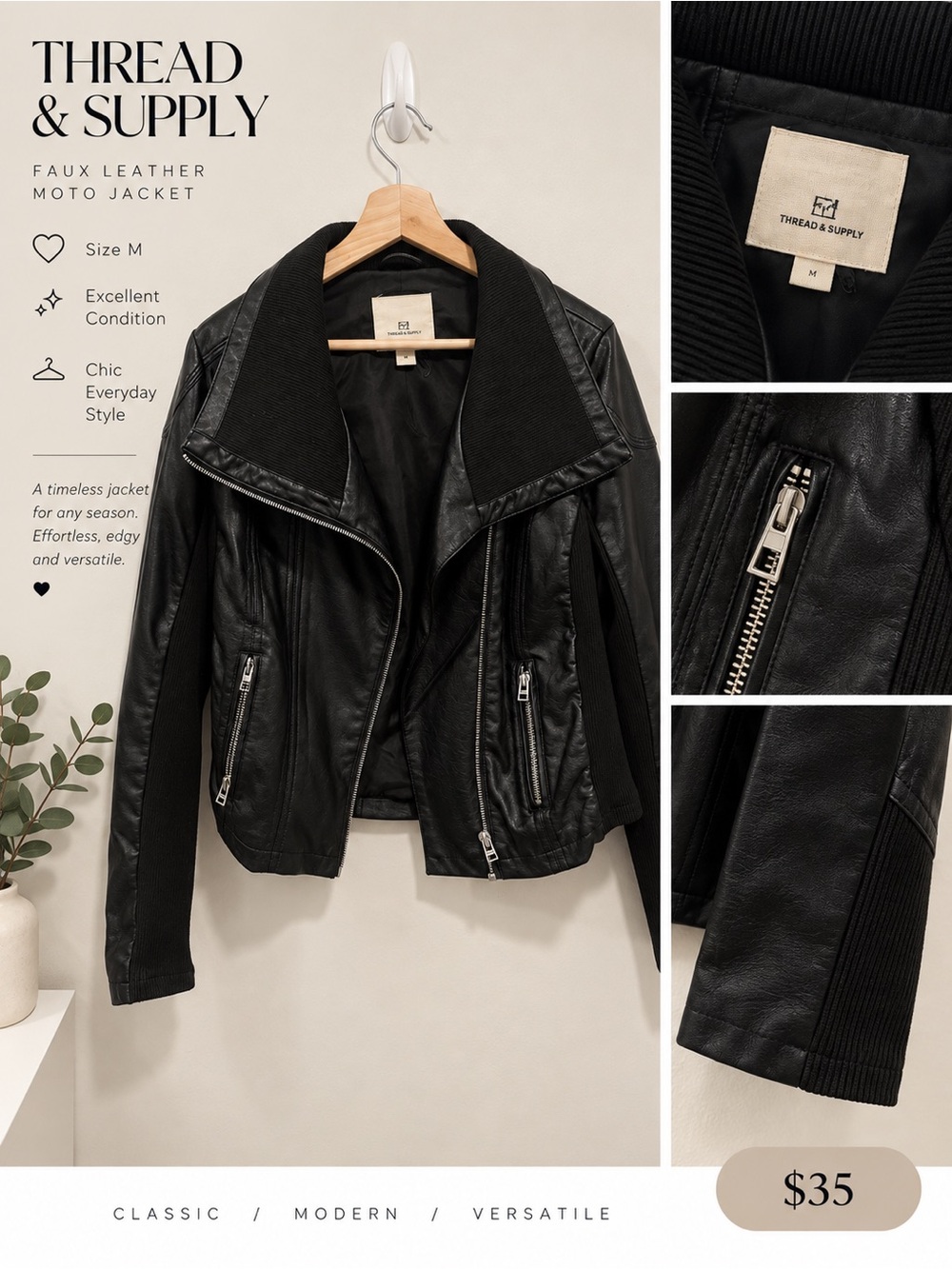 Thread & Supply Black Faux Leather Moto Jacket with Ribbed Knit Accents